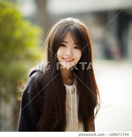 Beautiful smiling teenage woman with long hair Beautiful smiling teenage woman with long hair 109671784