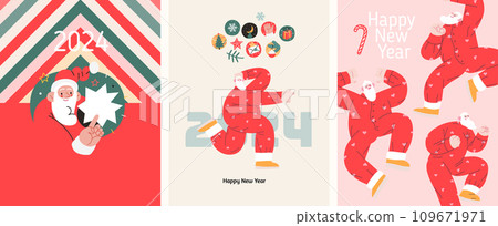 Christmas postcards with Santa Claus - modern flat vector concept illustrations of the Christmas and New Year symbols, vertical postcards set 109671971
