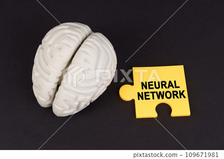 On a black surface lies a brain and a yellow puzzle with the inscription - Neural Network On a black surface lies a brain and a yellow puzzle with the inscription - Neural Network 109671981