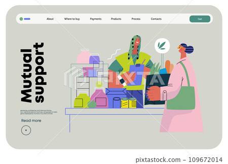 Mutual Support: Bringing groceries to food bank -modern flat vector concept illustration of people donating food to food pantry A metaphor of voluntary, collaborative exchanges of resource, services 109672014