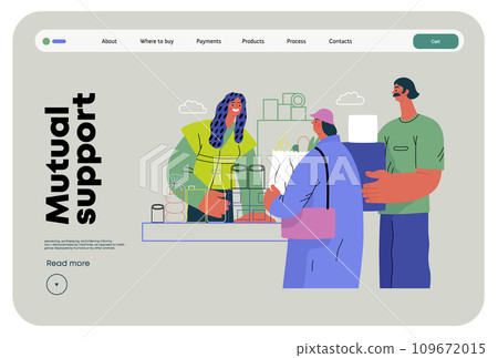 Mutual Support: Bringing groceries to food bank -modern flat vector concept illustration of people donating food to food pantry A metaphor of voluntary, collaborative exchanges of resource, services 109672015
