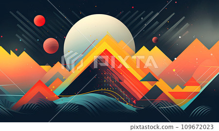 Abstract colorful background with mountains, sun and space. Abstraction in risographic retro style. Pyramids on the background of planets. Abstract geometric wallpaper. 109672023