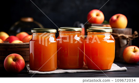 Homemade apple jam in a rustic style. Ripe delicious apples and grandma's preserves. Fruit jam in glass jars. Homemade apple jam in a rustic style. Ripe delicious apples and grandma's preserves. Fruit jam in glass jars. 109672034