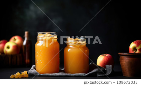 Homemade delicious canned apple jam still life. Two glass jars of apple jam on a dark background. Homemade delicious canned apple jam still life. Two glass jars of apple jam on a dark background. 109672035