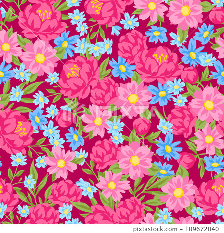 Pattern with pretty flowers. Beautiful decorative natural plants and leaves. 109672040
