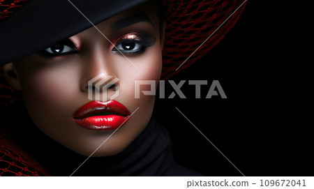 Beautiful African American woman with red lips and hat. Beautiful Make-up Closeup. Beautiful African American woman with red lips and hat. Beautiful Make-up Closeup. 109672041