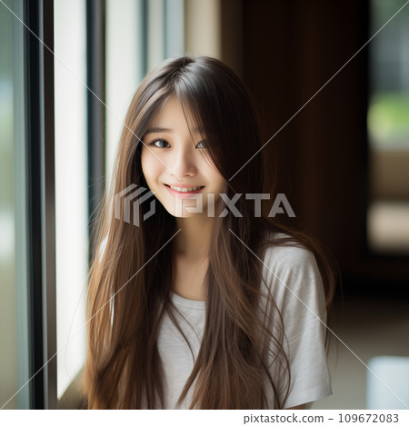 美麗的微笑的長髮少女 109672083