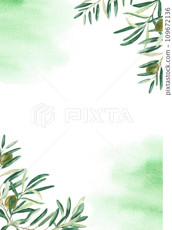 Floral background card template with green olive branches corners and watercolor splashes. For save the date, greeting, rustic wedding card and cover design. Floral background card template with green olive branches corners and watercolor splashes. For save the date, greeting, rustic wedding card and cover design. 109672136