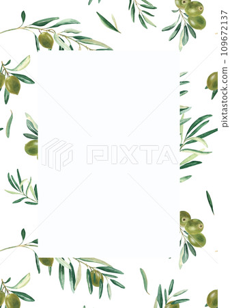 Floral background card template with green olive branches pattern. For save the date, greeting, rustic wedding card and cover design. Floral background card template with green olive branches pattern. For save the date, greeting, rustic wedding card and cover design. 109672137