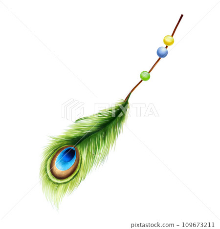 Marker illustration of beads on a rope with peacock feather in watercolor style. Hand painted jewelry for bracelet isolated on white background. Clip art for designers, cards, invitations, textile, Marker illustration of beads on a rope with peacock feather in watercolor style. Hand painted jewelry for bracelet isolated on white background. Clip art for designers, cards, invitations, textile, 109673211
