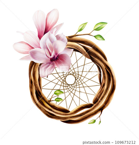 Marker illustration of ethnic wooden wicker wreath dreamcatcher of twigs with spring leaves and pink magnolia flowers in watercolor style. Hand painted holder isolated on white background. Clip art 109673212