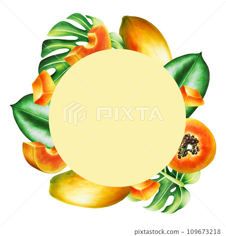Marker frame, logo and templates with sweet ripe slice of papaya with grains, tropical leafs, monstera in watercolor style. Hand drawn realistic tasty organic illustration of exotic tropical fruit 109673218