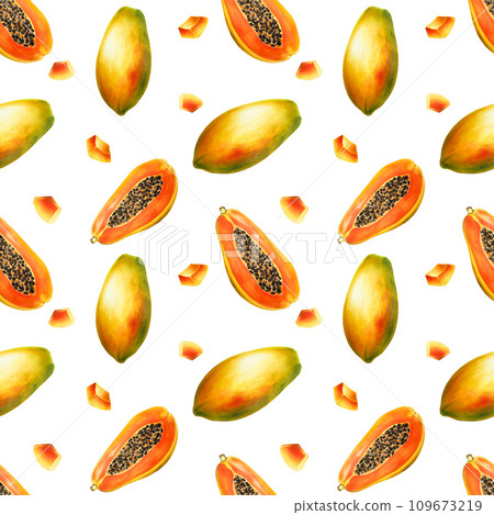 Watercolor sweet ripe seamless pattern with half a papaya and grains. Hand drawn realistic tasty organic illustration of exotic tropical fruit isolated on background. For designers, wedding, 109673219
