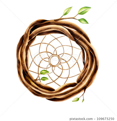 Marker illustration of ethnic wooden wicker wreath dreamcatcher of twigs with spring leaves dreamcatcher in watercolor style. Hand painted holder isolated on white background. Clip art for designers, 109673250