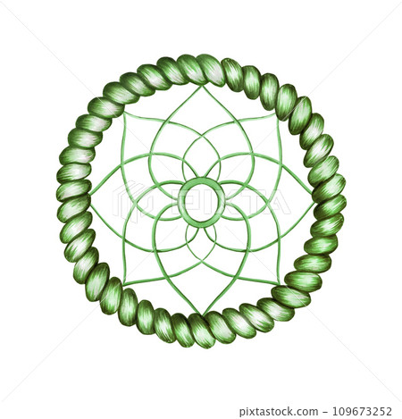 Marker illustration of ethnic handmade woven willow hoop for a dreamcatcher in watercolor style. Hand painted cradle protector isolated on white background. Clip art for designers, cards, invitations, 109673252
