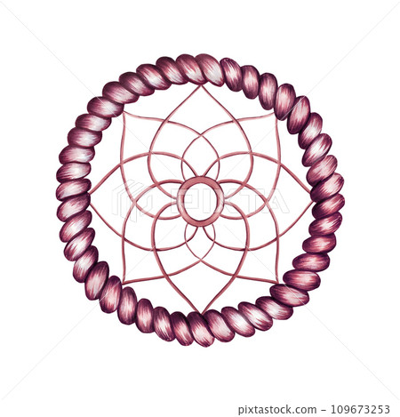 Marker illustration of ethnic handmade woven willow hoop for a dreamcatcher in watercolor style. Hand painted cradle protector isolated on white background. Clip art for designers, cards, invitations, 109673253