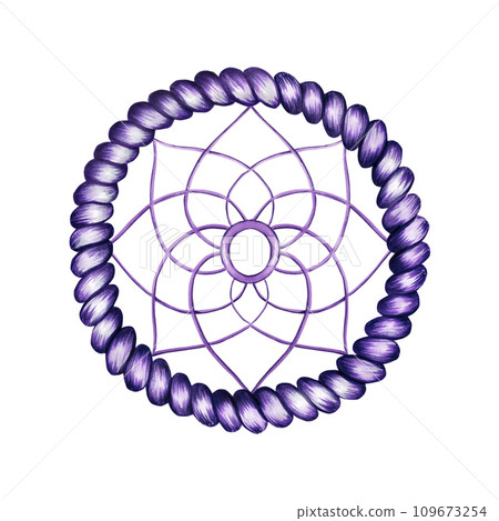 Marker illustration of ethnic handmade woven willow hoop for a dreamcatcher in watercolor style. Hand painted cradle protector isolated on white background. Clip art for designers, cards, invitations, 109673254