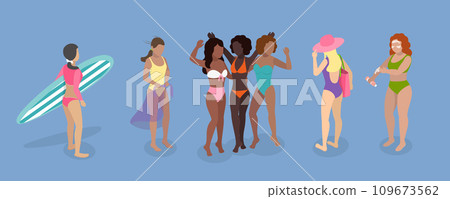 3D Isometric Flat Vector Set of Women In Swimsuits 3D Isometric Flat Vector Set of Women In Swimsuits 109673562
