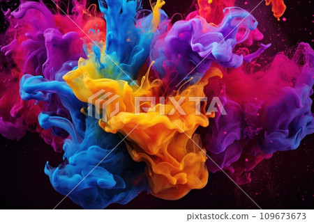 Liquid explosion of colorful paint on dark background, rainbow burst of colors in motion, creating dynamic and fluid effect, ink splash 109673673