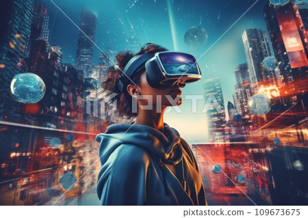 Woman wearing advanced VR glasses on futuristic urban background. Girl with virtual reality goggles, AR augmented reality technology futuristic concept. Metaverse digital cyber world technology 109673675