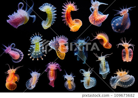 Small marine creatures macro on black background, seahorses closeup, underwater ocean environment 109673682
