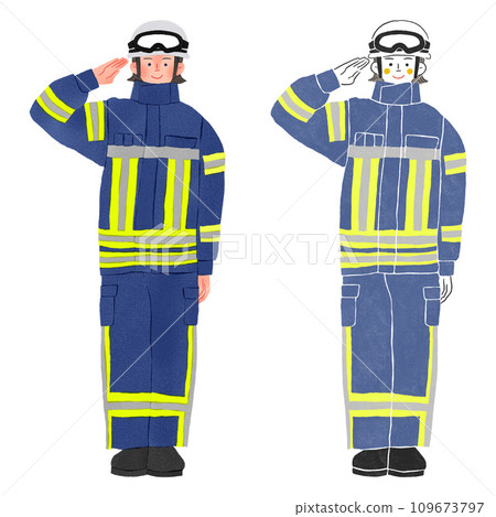 Firefighter female full body hand drawn illustration 109673797