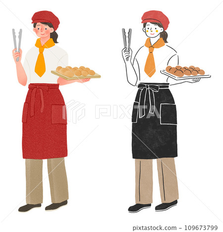 Full body hand-drawn illustration of a woman working at a bakery Full body hand-drawn illustration of a woman working at a bakery 109673799