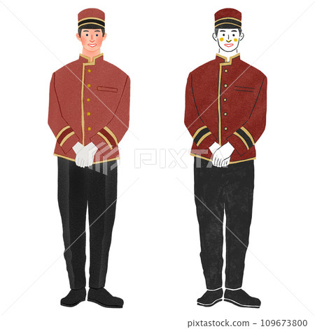Full body hand-drawn illustration of a man in uniform working at a hotel Full body hand-drawn illustration of a man in uniform working at a hotel 109673800