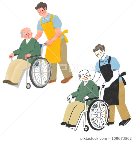Male full-body hand-drawn illustration of a caregiver pushing an elderly man's wheelchair 109673802