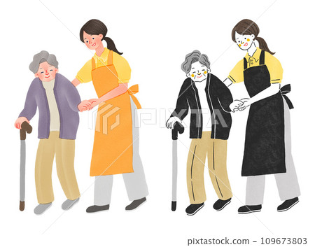 手繪插圖，顯示一位女性護理人員支持一位老年婦女 109673803