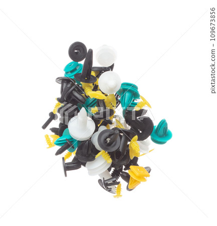 Car fender rivets fly explosion, colorful automobile fender rivets float explode, abstract cloud fly. Automobile plastic rivets splash throwing in Air. White background Isolated Car fender rivets fly explosion, colorful automobile fender rivets float explode, abstract cloud fly. Automobile plastic rivets splash throwing in Air. White background Isolated 109673856