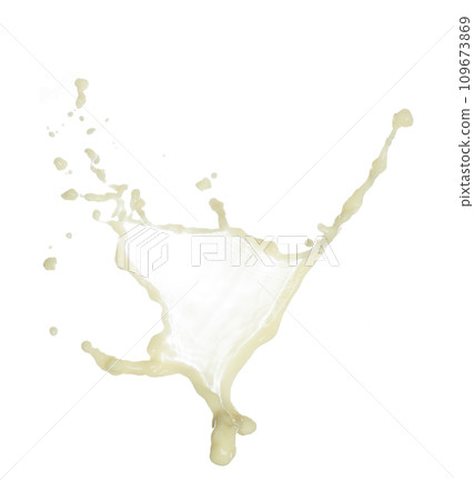 Tofu Soybean soymilk pour fall down in line shape form. Soybean milk from tofu spill splash in droplet as paint color. White background isolated high speed shutter freeze motion 109673869