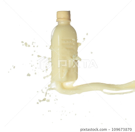 Tofu Soybean soymilk pour fall down in bottle container. Soybean milk or cosmetic cream moisturizer spill splash as paint color. White background isolated high speed shutter freeze motion Tofu Soybean soymilk pour fall down in bottle container. Soybean milk or cosmetic cream moisturizer spill splash as paint color. White background isolated high speed shutter freeze motion 109673870