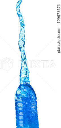 Drinking Water in Plastic Bottle fall fly in mid air, fresh water plastic bottle floating explosion. Fresh water plastic bottles pour throw in air. White background isolated freeze motion high speed 109673873
