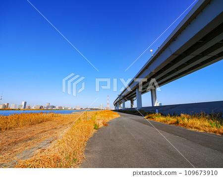 Early winter sky and straight high-speed elevated road 109673910
