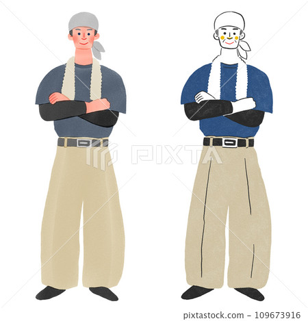 Hand-drawn full-body illustration of a male construction-related carpenter wearing work clothes Hand-drawn full-body illustration of a male construction-related carpenter wearing work clothes 109673916