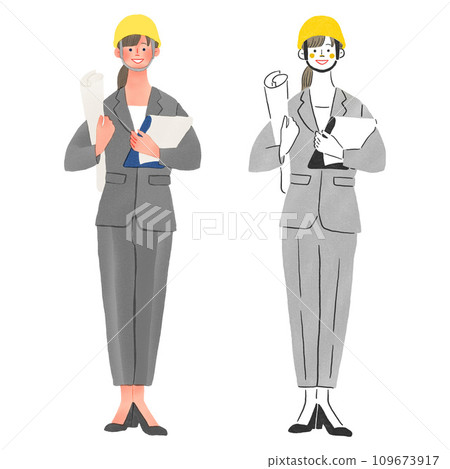 戴著頭盔從事建築相關工作的女性的全身手繪插圖 戴著頭盔從事建築相關工作的女性的全身手繪插圖 109673917