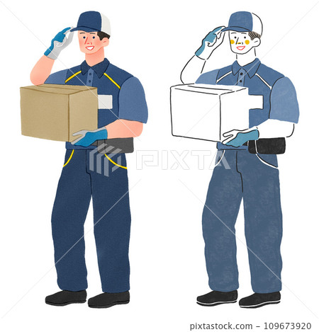 Hand-drawn illustration of a male courier delivering luggage Hand-drawn illustration of a male courier delivering luggage 109673920