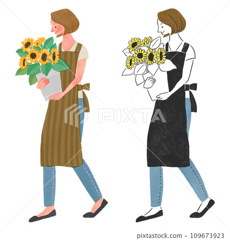 花店穿著圍裙拿向日葵的女店員全身手繪插畫 花店穿著圍裙拿向日葵的女店員全身手繪插畫 109673923