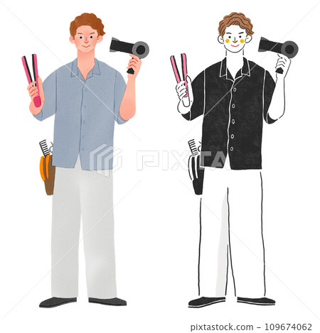 Full body hand-drawn illustration of a male hairdresser holding an iron and hair dryer Full body hand-drawn illustration of a male hairdresser holding an iron and hair dryer 109674062