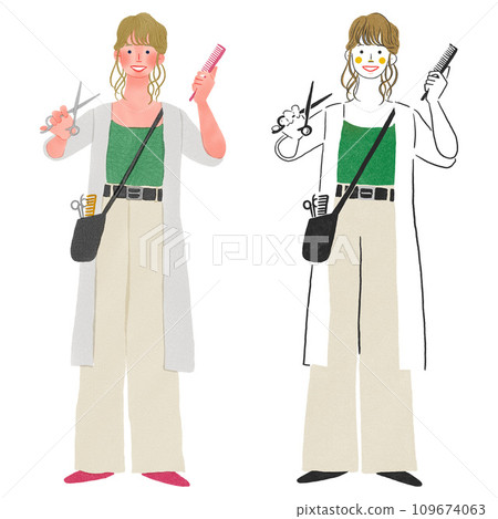 Full body hand-drawn illustration of a female hairdresser holding a comb and scissors Full body hand-drawn illustration of a female hairdresser holding a comb and scissors 109674063