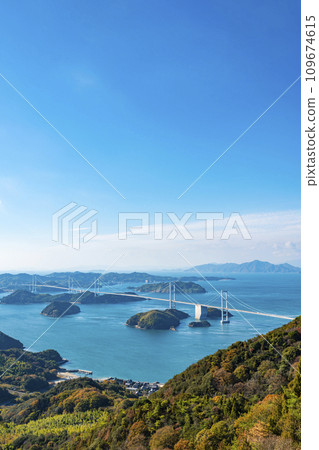 View of the Setouchi Shimanami Kaido Kurushima Kaikyo Bridge from the Kirosan Observation Deck 109674615