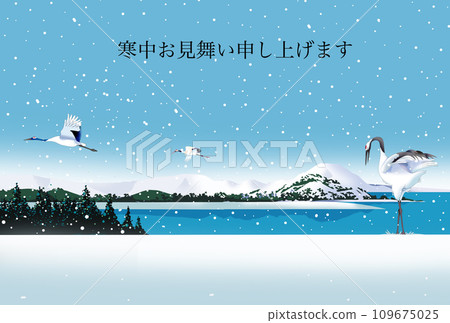 A winter greeting postcard with a landscape of snow and cranes 109675025