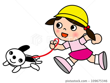 Elementary school girl taking a walk with her dog on a leash 109675346