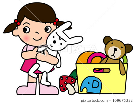 一個女孩清理熊、大象和兔子玩具的插圖 109675352