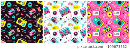 Set of Radio Seamless Pattern Illustration Design with Player for Record and Listening to Music in Flat Cartoon Template Set of Radio Seamless Pattern Illustration Design with Player for Record and Listening to Music in Flat Cartoon Template 109675582