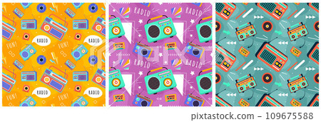 Set of Radio Seamless Pattern Illustration Design with Player for Record and Listening to Music in Flat Cartoon Template 109675588