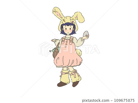 一個戴著兔子帽的女孩在復活節狩獵雞蛋的全身插圖 一個戴著兔子帽的女孩在復活節狩獵雞蛋的全身插圖 109675875