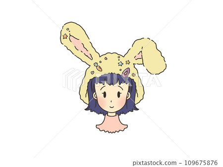 Illustration of a girl's face wearing a fashionable rabbit hat 109675876