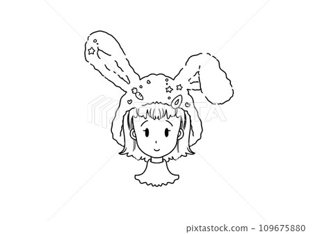 Coloring book illustration of a girl's face wearing a fashionable bunny hat Coloring book illustration of a girl's face wearing a fashionable bunny hat 109675880